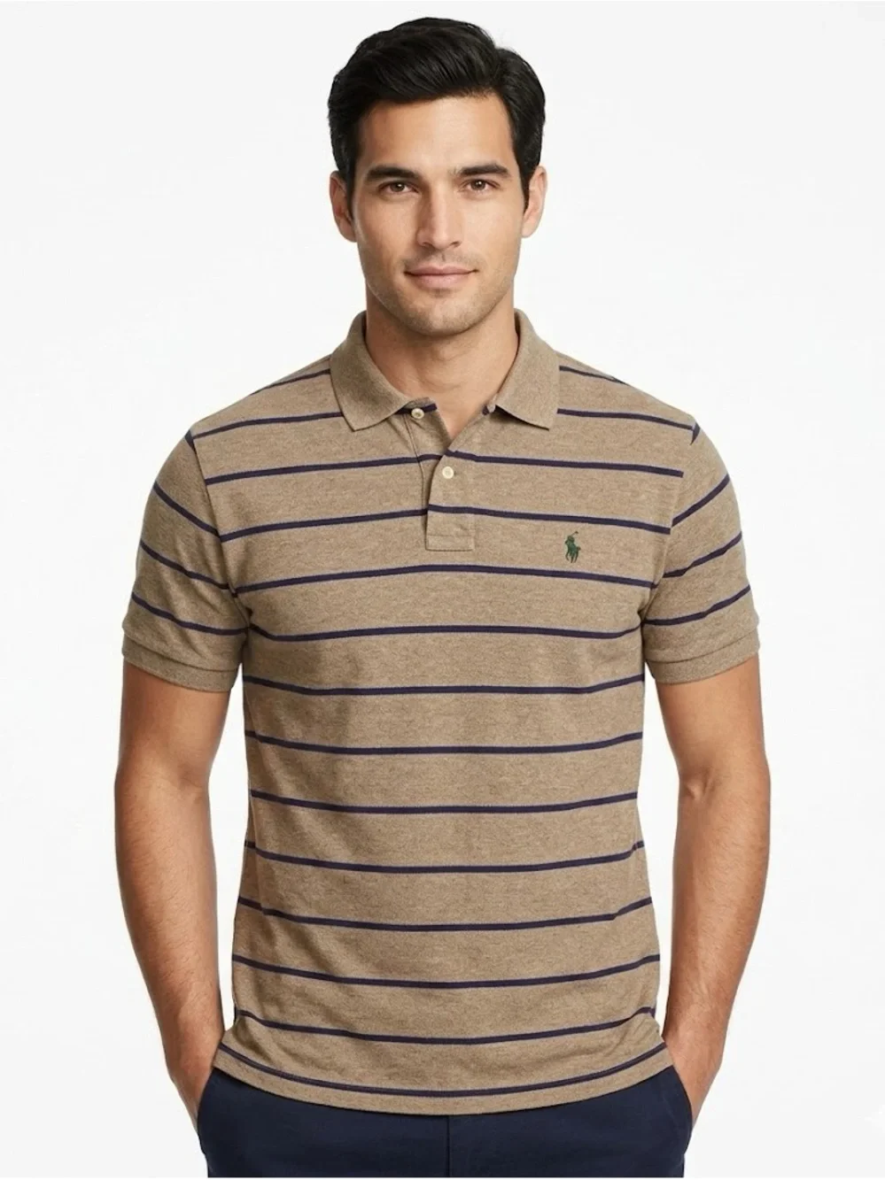 Polo by Ralph Lauren Shirt Mens Brown Navy Blue Striped Short Sleeve Polo Large